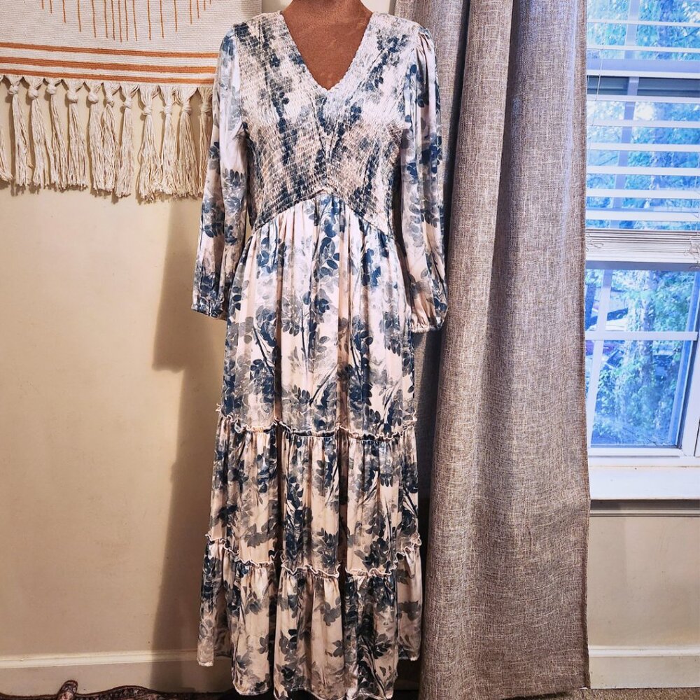 Hayden Los Angeles Blue and Ivory Maxi Dress | Winter Toned Boho | Size M